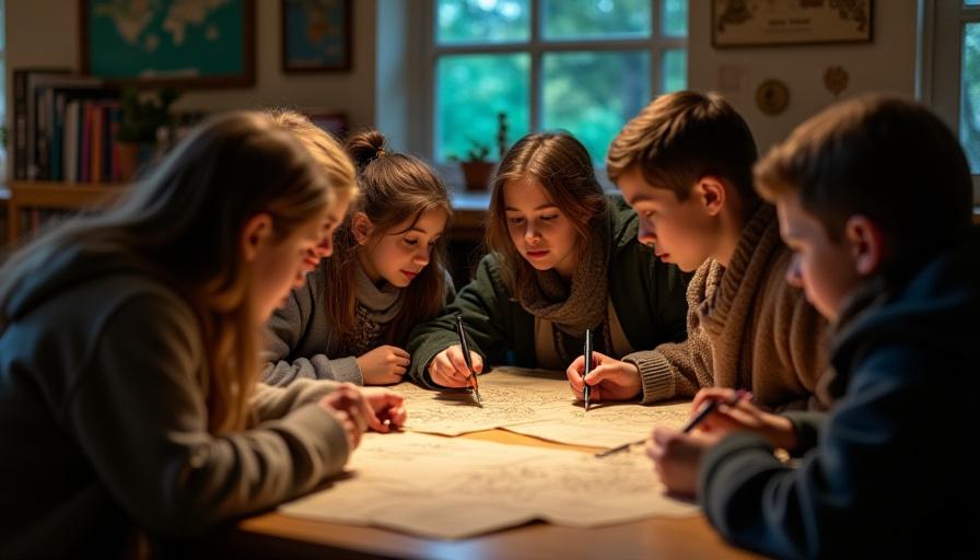 Students in a classroom working intently on a group project, looking at historical maps and digital screens, fostering a sense of discovery.