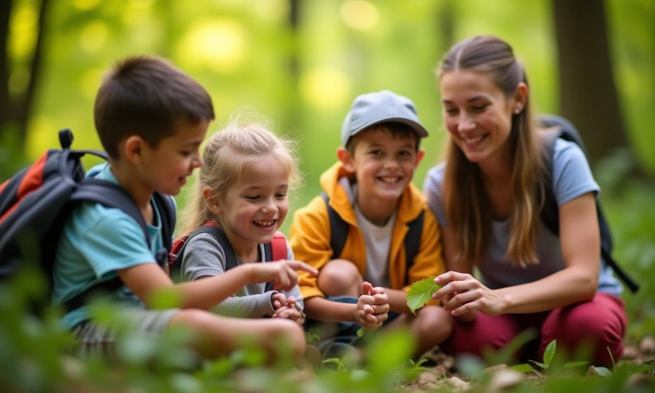 Diverse group of smiling students learning outdoors, pointing at trees, with a teacher guiding them through a lush forest at Riverbend Quests.