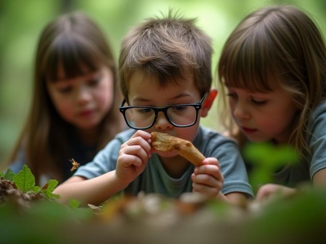 A student using a magnifying glass to examine a leaf, surrounded by other students observing, symbolizing critical thinking and scientific inquiry in an outdoor setting.